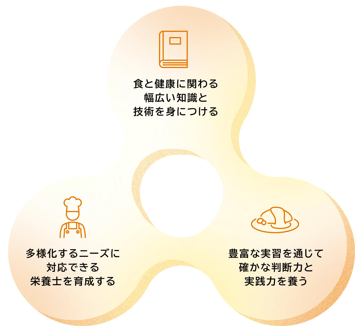 1.食と健康に関わる幅広い知識と技術を身につける 2.豊富な実習を通じて確かな判断力と実践力を養う 3.多様化するニーズに対応できる栄養士を育成する